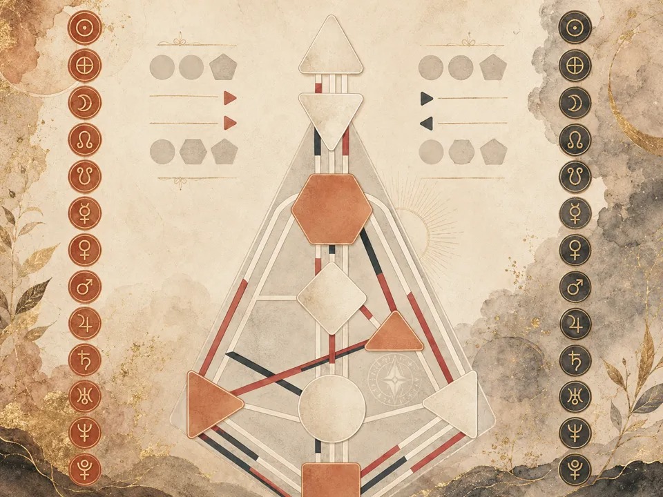 Illustration stylisée d'une carte Design Humain (BodyGraph) dans les tons beige, sauge et terracotta du site Chérelle Design Humain
