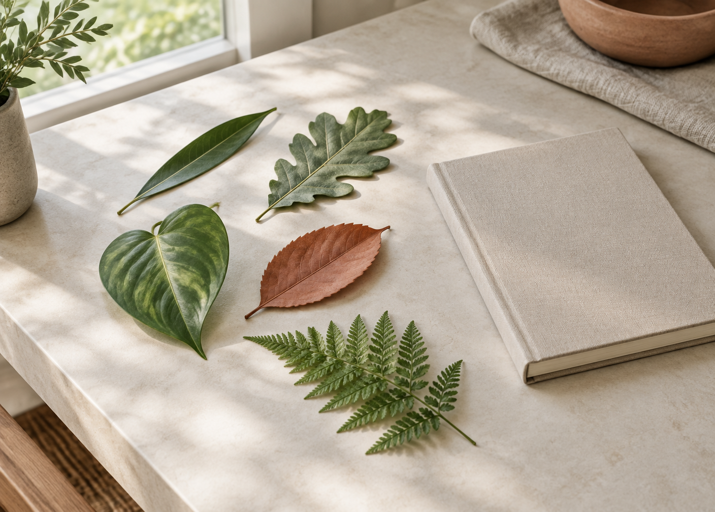 Cinq feuilles différentes dans une composition naturelle illustrant les cinq types en Design Humain
