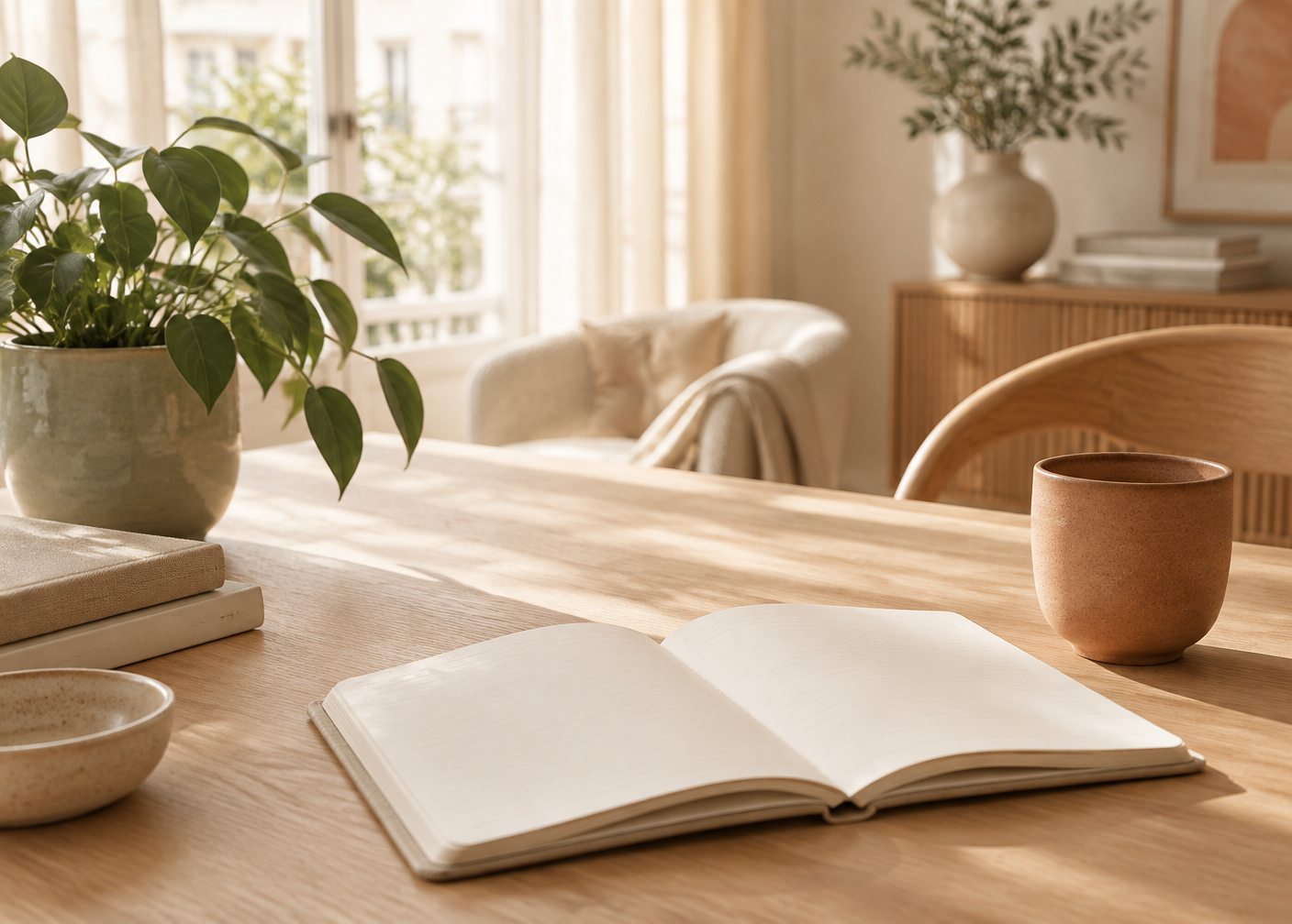 Intérieur lumineux avec carnet ouvert pour découvrir simplement le Design Humain