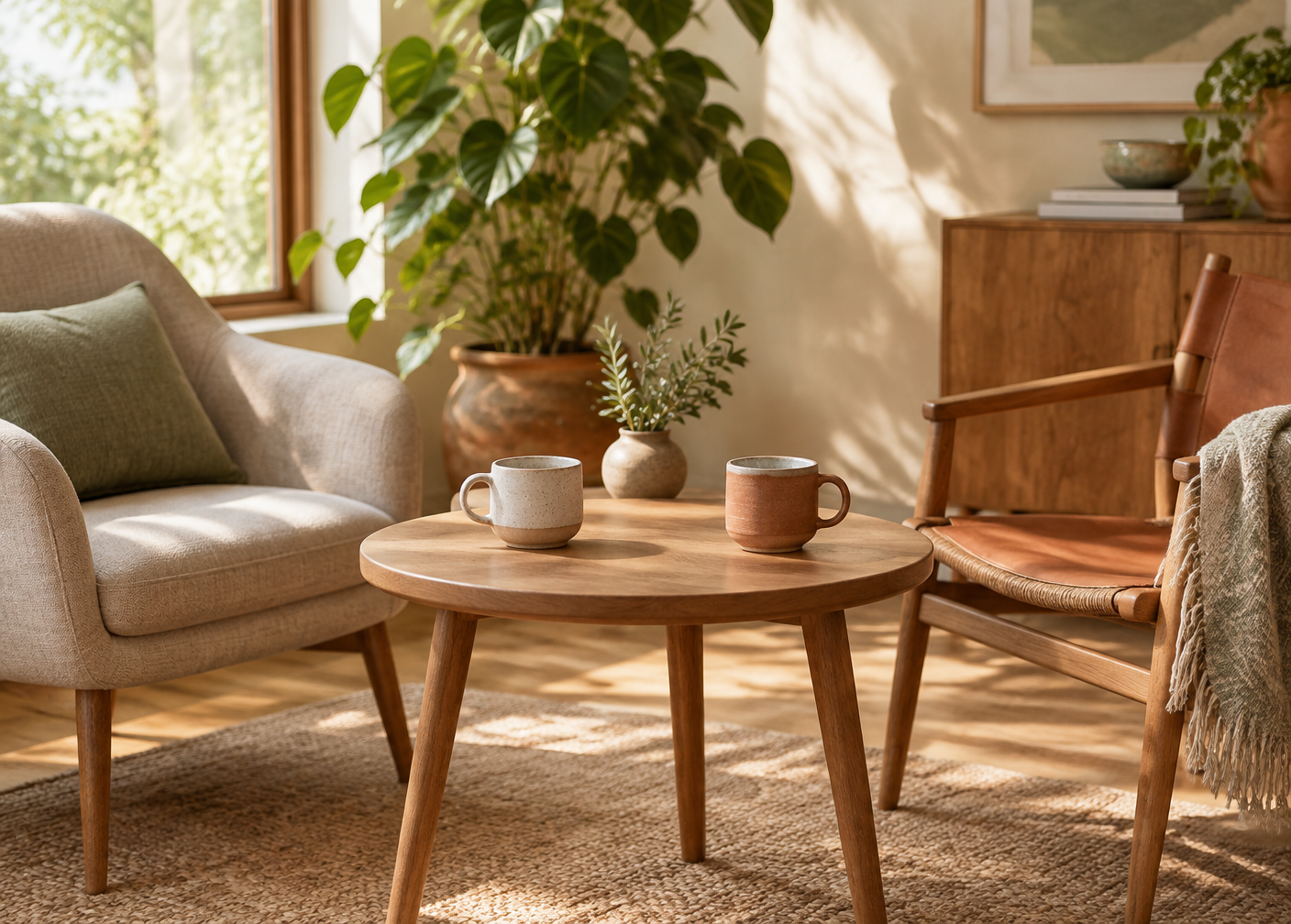Deux fauteuils et deux tasses dans un intérieur chaleureux évoquant les relations en Design Humain