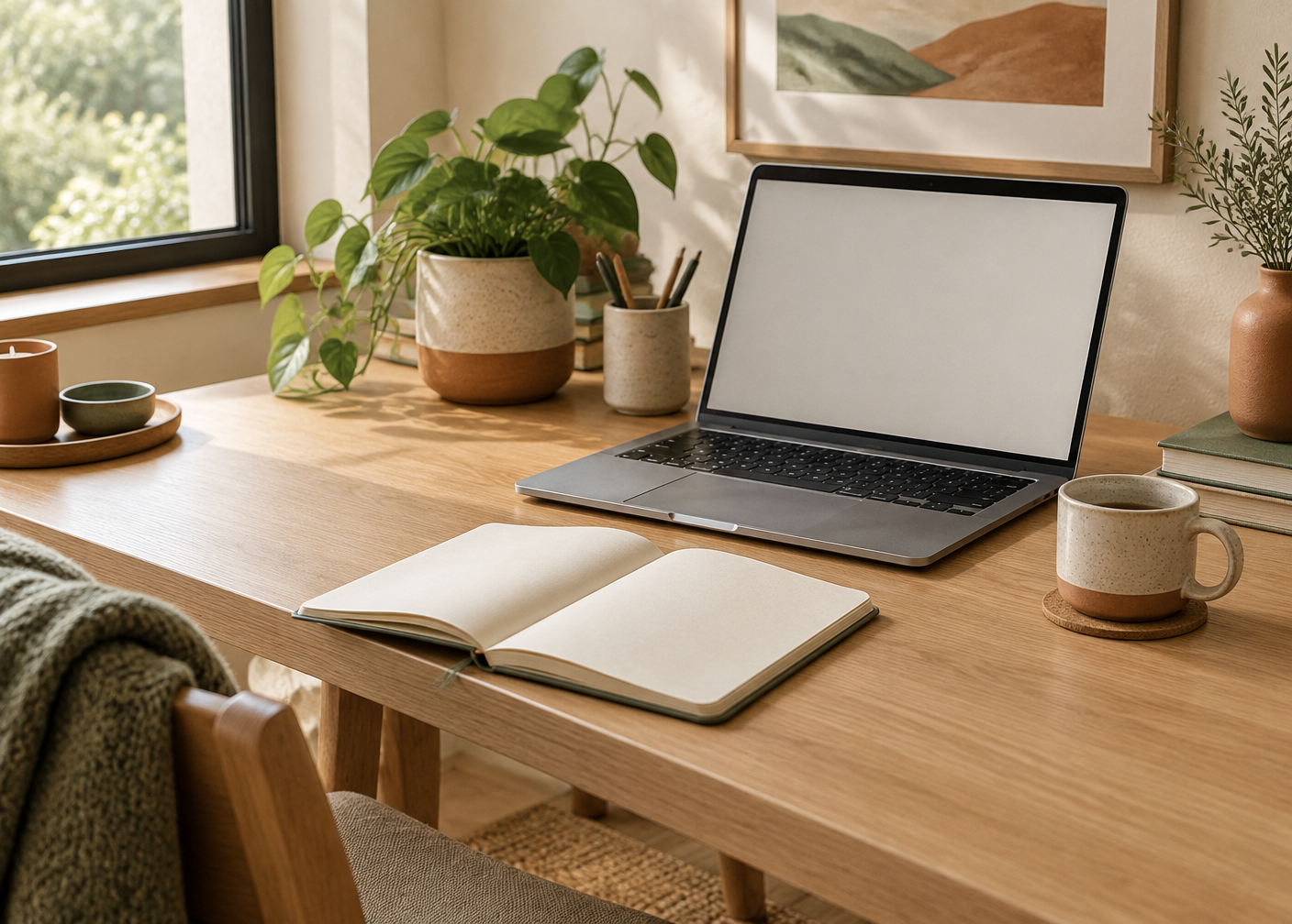 Espace de travail lumineux avec carnet pour réfléchir à sa vie professionnelle grâce au Design Humain